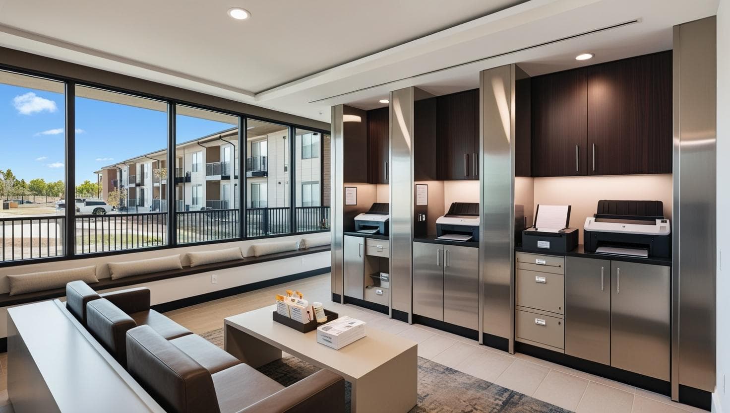 Commercial printer station used as an apartment resident amenity